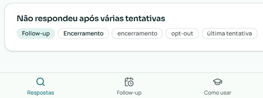 Situação de encerramento e menu do aplicativo com Respostas, Follow-up e Como usar